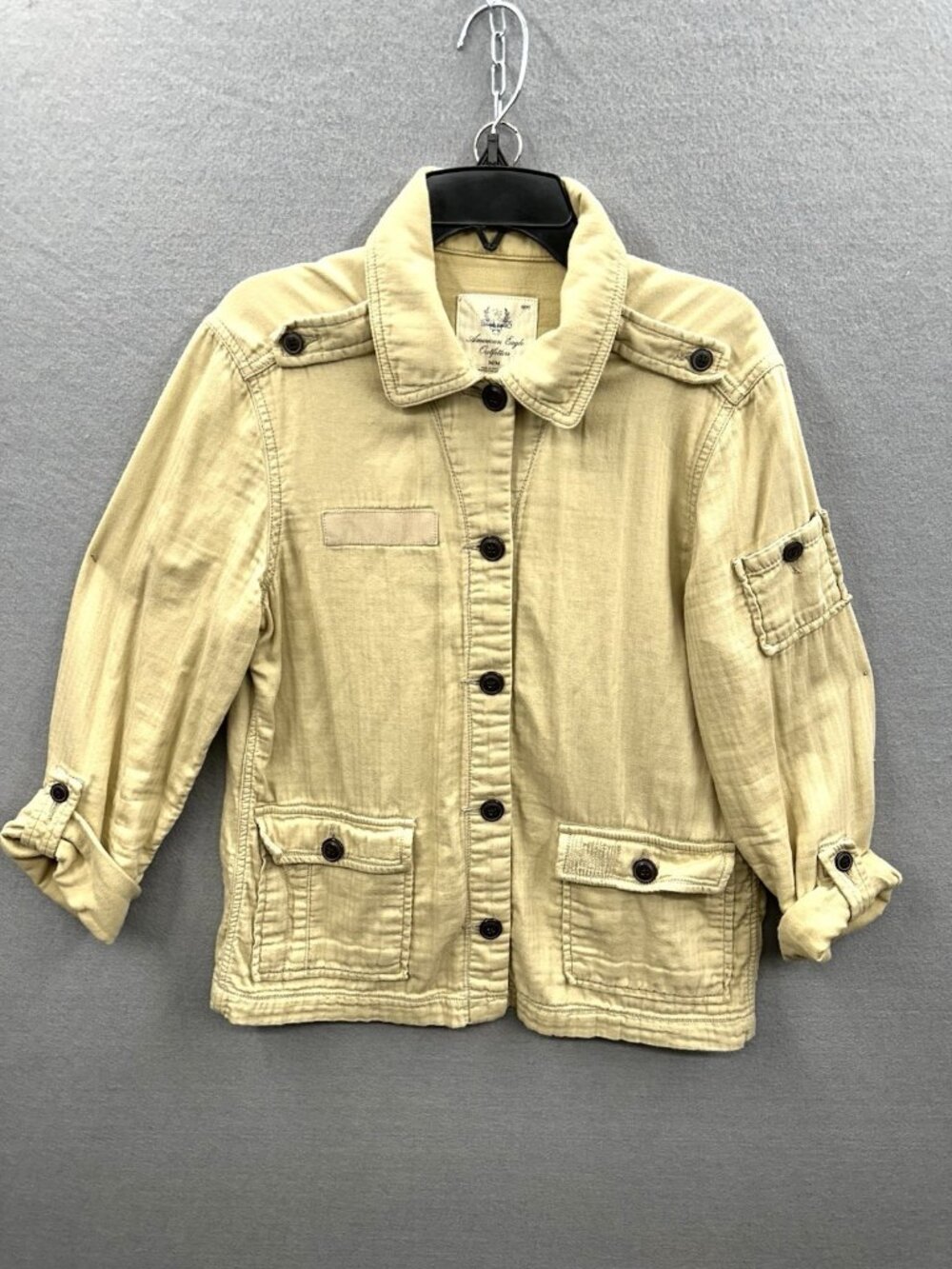 American Eagle Women M Khaki Utility Safari Jacket Button Front Cargo Pockets